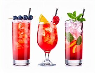 Vibrant cocktail selection in sleek glassware with fresh garnishes and ice