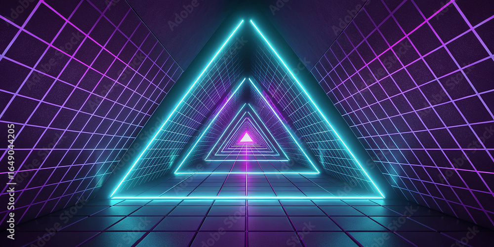 Aufkleber infinite neon triangle tunnel with retro grid and futuristic glow