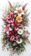 Obraz premium Exquisite Floral Arrangement: A Symphony of Lilies, Daisies, and Delicate Blooms