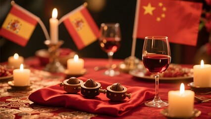 Elegant table setting with wine glasses, candles, and flags of Spain and China, suggesting a cultural or diplomatic event.