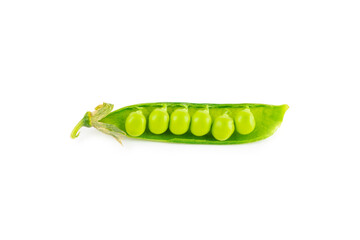 Fresh green pea pods with green peas isolated on white background. Sweet green peas. Green pea...