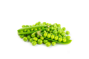 Fresh green pea pods with green peas isolated on white background. Sweet green peas. Green pea beans vegetables. Vegan. healthy vegetable