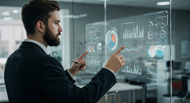 Man in suit analyzing data on transparent screen with graphs and charts in a modern office space
