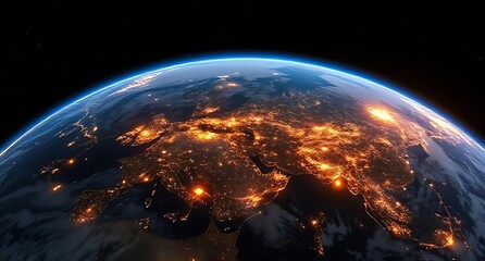 Planet Earth viewed from space at night with glowing city lights illuminating Europe and the Middle East.