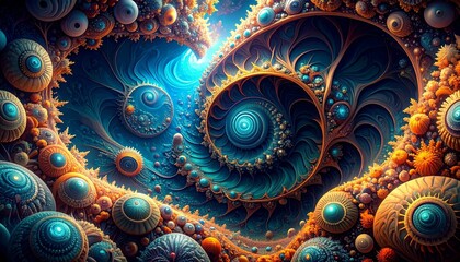 Abstract fractal art featuring a glowing spiral pattern with intricate geometric details.