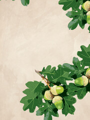 A branch of an oak tree with green leaves and acorns against a autumn beige background. Space for...