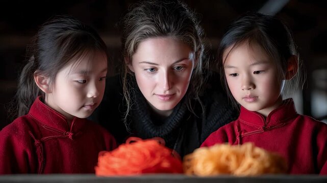 Foreign Teacher and Chinese Girls Focus on Traditional Handicraft