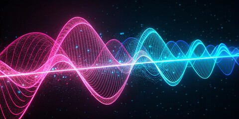 Vibrant neon sound waves pulsating with energy on a dark cosmic background