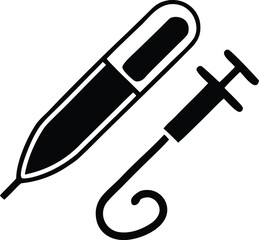 Stylized black and white iconography of a dropper and a syringe with a curved needle representing medical or laboratory tools