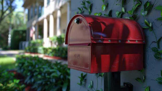 A red mailbox sits on the side of a building, with details blurred to focus on the mailbox