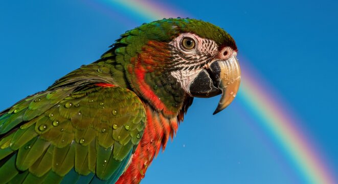 Vibrant macaw parrot portrait under rainbow tropical paradise wildlife photography nature's beauty close-up view
