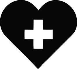 A striking black heart silhouette featuring a bold white medical cross at its center symbolizing health and care