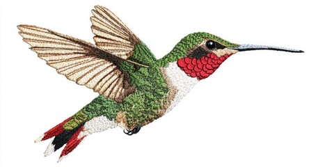 Bright green and red hummingbird mid-flight in machine embroidery style on crisp white fabric Stock photo