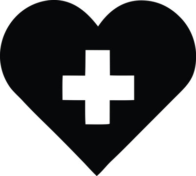 A striking black heart silhouette featuring a bold white medical cross at its center symbolizing health and care