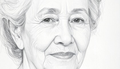 Pencil drawing of elderly woman with gentle expression.