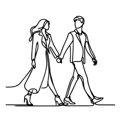 Obraz premium Continuous Line Drawing of a Couple Walking Hand in Hand – Minimalist Romantic Illustration