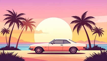 Pink car by the beach with palm trees at sunrise, pastel retro style.
