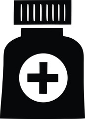 Simple silhouette icon of a medicine bottle featuring a prominent white cross on a black oval label