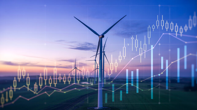 A photorealistic image of a wind turbine at sunset, overlaid with financial data visualization elements. 

