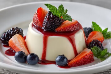 Deliciously Creamy Panna Cotta Dessert Topped with Fresh Berries and Berry Coulis Drizzle