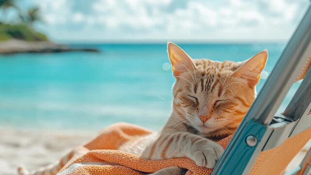 Relaxed cat sunbathing on tropical beach with blue ocean background