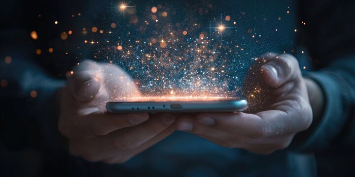 Businessman tapping on phone screen, digital marketing elements glowing in the air Stock photo