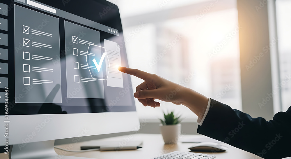 Poster persons finger touching a computer screen, selecting an option on a digital checklist, representing 