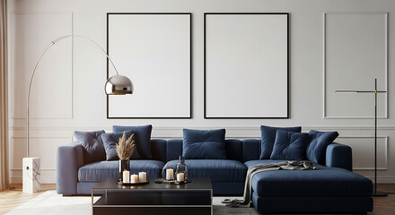 Modern living room with plush blue sectional sofa and two blank picture frames