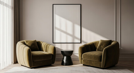 Elegant living room with two plush armchairs and a blank canvas on the wall