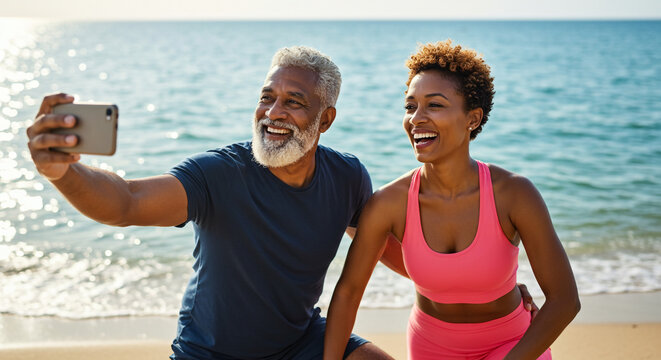 A smiling couple taking a selfie on a beach with the ocean in the background on a sunny day together