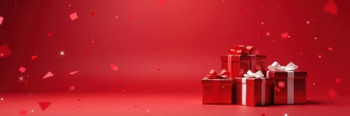 Airborne gift boxes, red background, Merry Christmas lettering, hand lettering, ornaments