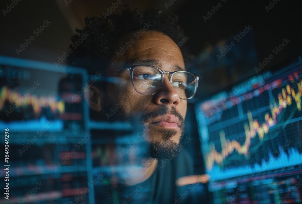 Poster focused individual with glasses intently analyzes financial data on multiple computer screens, highl