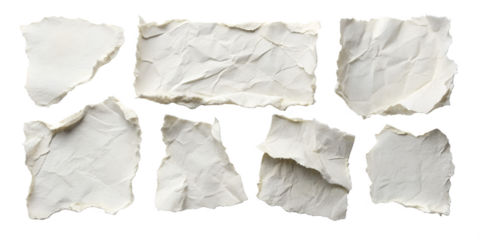 Collection of Torn White Paper Pieces on Transparent Background