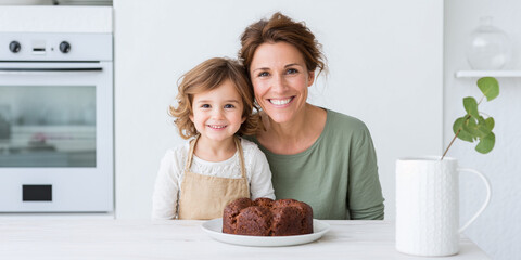 Mother and daughter in a kitchen with a chocolate cake, sharing happy moments. For family lifestyle, intergenerational bonding, holiday celebrations, and heartwarming advertising.