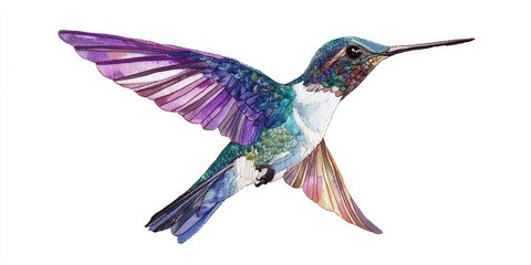 Obraz premium Clean modern embroidery style of flying hummingbird, soft white backdrop, thread shadows Stock photo