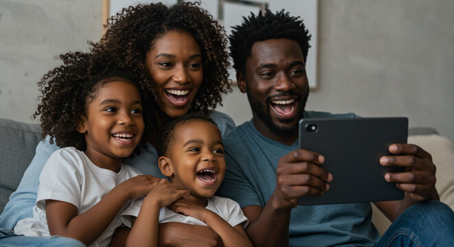 A happy african american family laughing while looking at a tablet on a sofa in their living room - Powered by Adobe