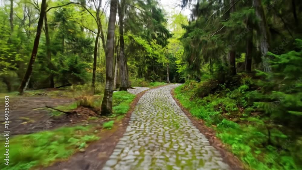 Aufkleber cobblestone path through a dense green forest with lush trees and bright sunlight filtering through 