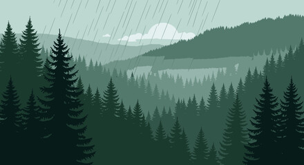 Fototapeta premium Rainy Day In A Dark Forest Of Evergreen Trees In A Layered Mountainscape
