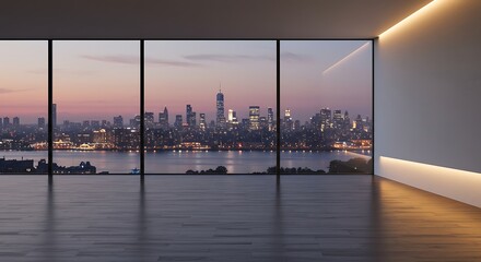 Empty Modern Penthouse with Panoramic View of the Manhattan Skyline at Twilight