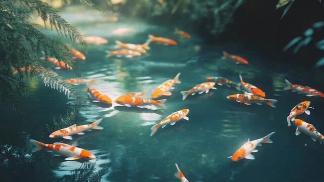 Koi fish swimming in a tranquil pond