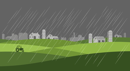 Obraz premium Rainy Day On The Farm With Tractor In Field Vector Illustration