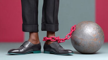 Man is chained to a large metal ball. The man is wearing a black suit and black shoes. Concept of imprisonment and captivity