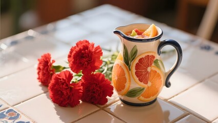 Ceramic pitcher with citrus design and red carnations on a tiled table
