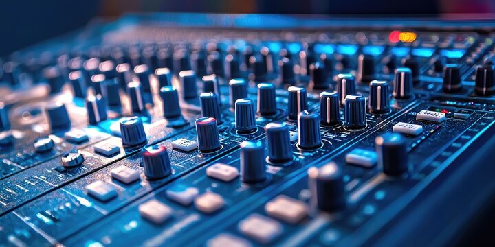 Close-up of podcast audio mixer knobs and sound levels Stock photo - Powered by Adobe