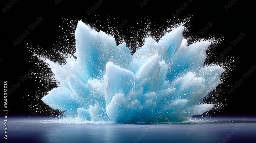 Poster large explosion of ice and water is depicted in the image. the scene is dark and moody, with the exp