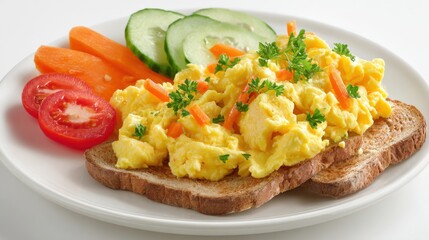 A delicious and nutritious meal featuring scrambled eggs with mixed vegetables served on a slice of hearty bread