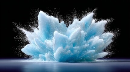 Large explosion of ice and water is depicted in the image. The scene is dark and moody, with the explosion creating a sense of chaos and destruction