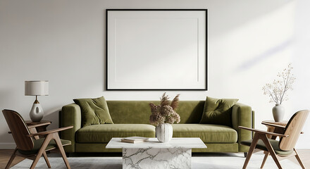 Modern living room with olive green sofa and minimalist decor