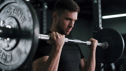 Man performing barbell shoulder press in a gym setting