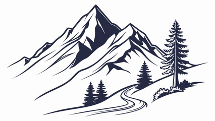 Illustration of a mountain range with a winding road and evergreen trees in black and white style